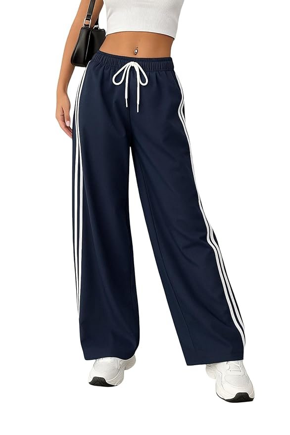 SAKHWALA Women Track Pant | Women’s Wide Leg Track Pants High Waist Drawstring Sweatpants with Side Stripes, Casual Loose Fit Lounge Joggers, Dark Grey