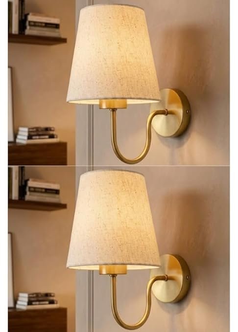 Elegant Wall Lamp with Fabric Shade & Gold Metal | E-27 Holder Base and Bulb | Classic Indoor Wall Lamp for Bedroom, Living Room & Hallway (Pack of 2) (Without Bulb)
