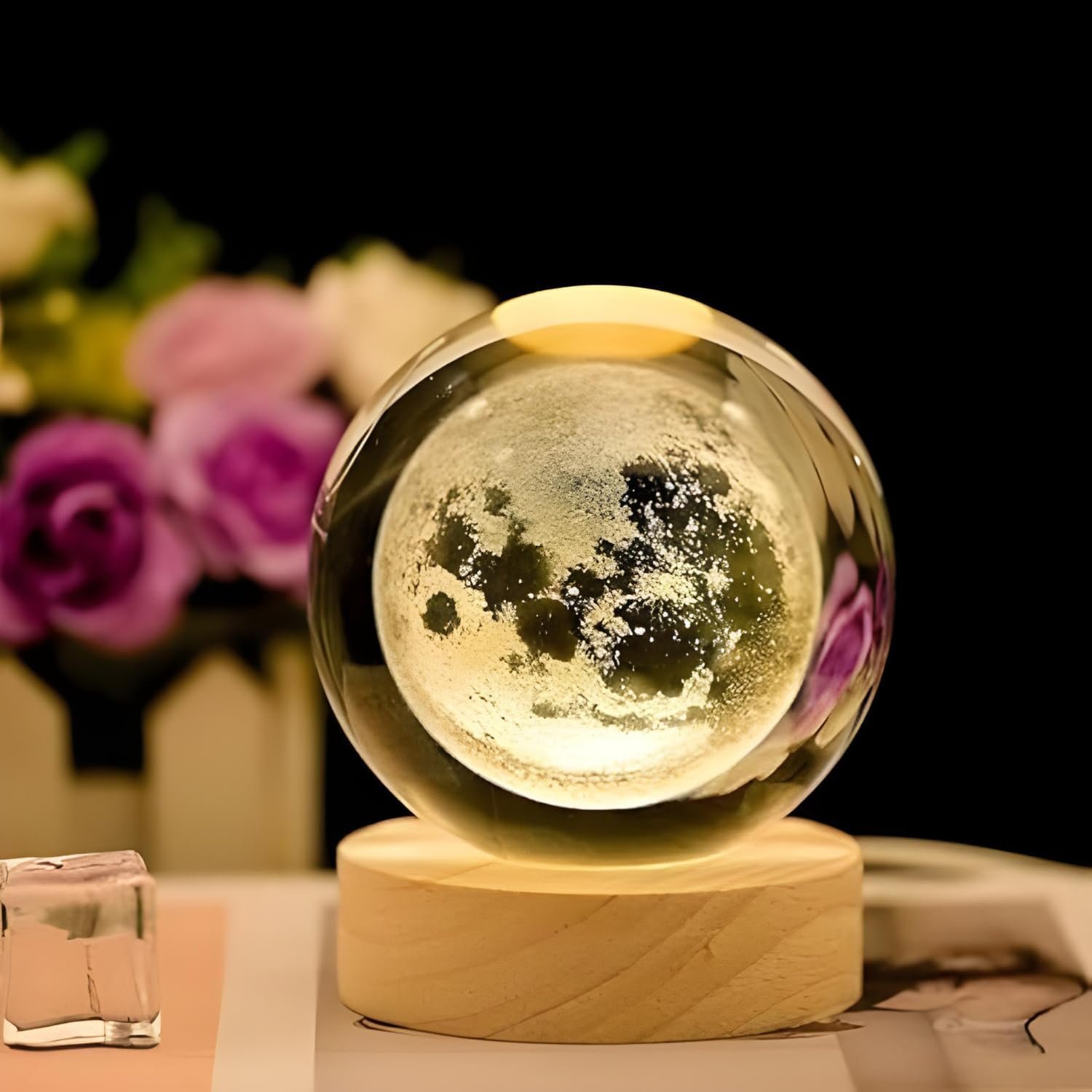 Desidiya Moon Crystal Ball Night Light,2.4 Inch Glass Ball Night LED Lamp with Woodern Base,Decorations Gifts for Men,Women,Kids,Boys,Girls | Gifts for Woman | Valentine Gift for Girlfriends