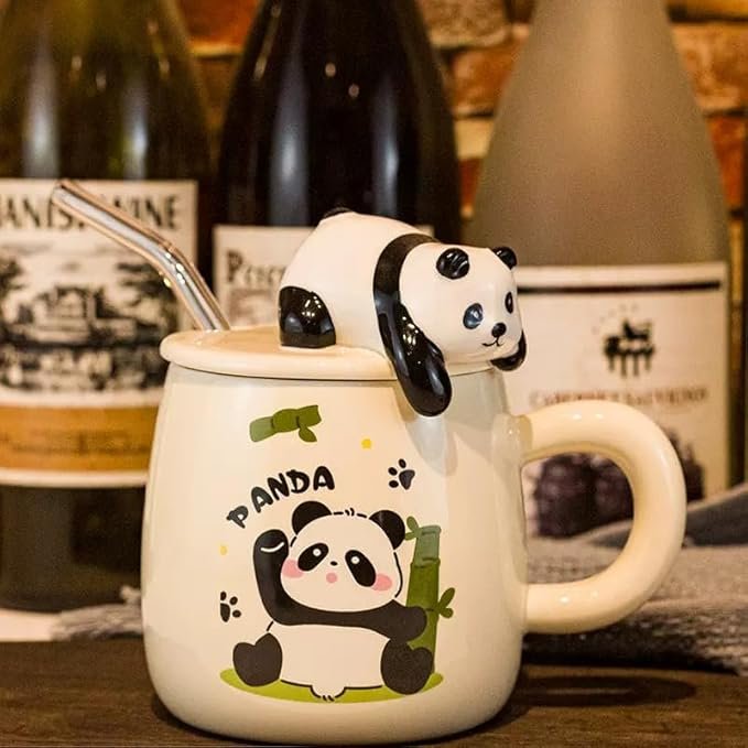Vasukie 3D Panda Ceramic Coffee Mug with Lid & Glass Spoon, Gift for Brother, Birthday, Rakhi, Panda Mug White, 420ml