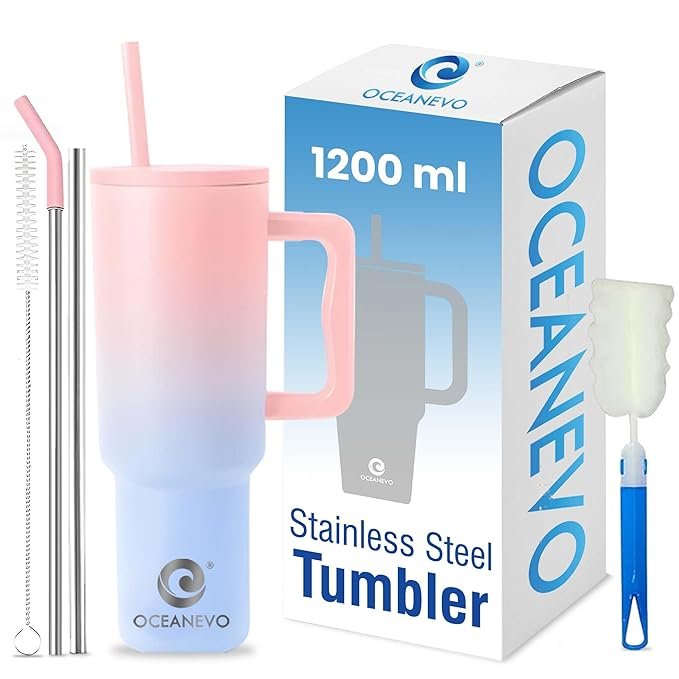 OCEANEVO 1200 ML Stainless Steel Tumbler with Lid and 3 Straws, Double Insulated Cup with Handle for Hot and Cold, 100% Leakproof Mug for Office, Gym and Travel – Pink and Blue